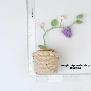 Detailed view of handmade crochet grape potted plant with size scale and dimensions