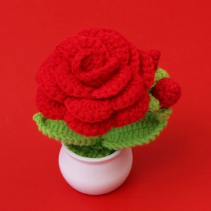 Handmade crochet red rose potted plant in white ceramic base for home decor