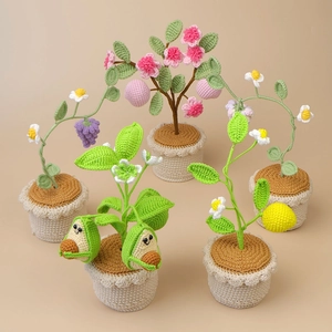 Handmade Crochet Fruit Flower Potted Plant Yarn Knitted Avocado Peach Tulip Sunflower Rose Daisy Artificial Mini Potted Plant Home Office Desk Decor Gift
