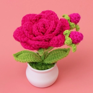 Handmade crochet pink rose in white pot, floral desktop decor and Valentine gift