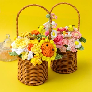 Ornement De Panier De Fleurs Au Crochet À La Main Tournesol Rose Fil Tricoté Décoration En Rotin Synthétique Cadeau