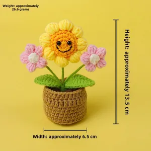 Detail view of handmade crochet sunflower pot with dimensions and weight measurements