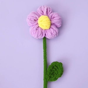 Handmade crochet puff flower bouquet with purple petals and soft chenille yarn texture