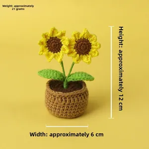 Macro shot of handmade crochet sunflower pot showing dimensions 12cm height and 6cm width