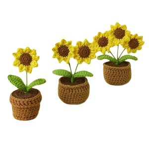 Three-piece handmade crochet sunflower potted plants for cozy home and desk decoration