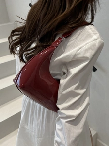 Vintage wine red patent leather shoulder bag for women in stylish crescent moon shape