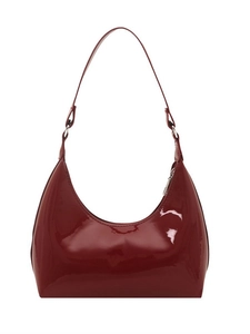 Vintage wine red patent leather crescent underarm bag with glossy finish and silver zipper