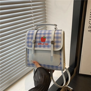 Women's Mini Backpack Crossbody Bag Blue Plaid Canvas PU Leather Splicing Red Apple Embroidery Preppy Style Fashion Handbag