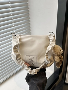 Women PU Leather Shoulder Bag Ruffled Strap Cute Cartoon Bear Print Daily Handbag Korean Style