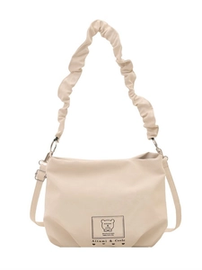 Creamy white PU leather tote bag with cloud strap and cute cartoon bear art print