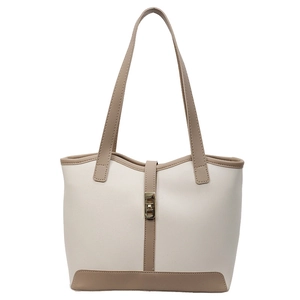 Chic women's large capacity tote bag in cream white leather with brown contrast trim