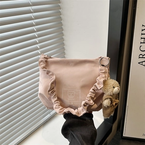 Women Fashion PU Leather Crossbody Bag With Cartoon Bear Print Pleated Shoulder Strap Cute Small Square Shoulder Bag Daily Handbag