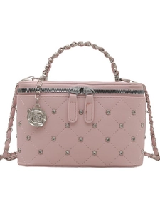 Pink quilted bucket bag with chain strap and silver rose charm for women fashion