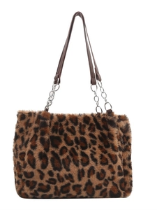 Minimalist leopard print faux fur tote bag with leather strap and silver metal chain
