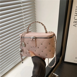Women Quilted Vanity Case Box Bag PU Leather Studded Rhinestone Chain Strap Flower Charm Double Zipper Fashion Crossbody