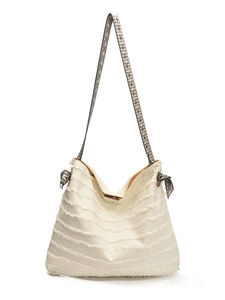 Böhmische cremefarbene Strohtasche mit Fransen und geometrischem Schultergurt-Design