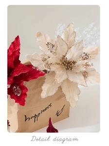 Close-up of luxury velvet poinsettia flowers with glitter edges in a kraft paper bag