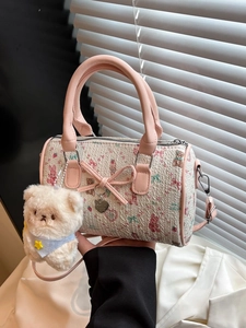 Kawaii Bear Strawberry Print Boston Bag Sweet Bow Heart Pendant Top Handle Bag Crossbody Shoulder Bag With Plush Charm