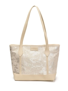 Sac fourre-tout en toile beige avec motifs papillons, strass et anses en cuir jaune