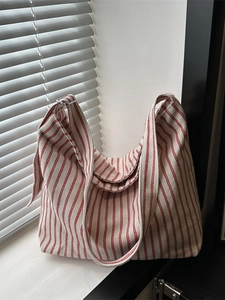 Sac Fourre-tout en Toile Rayée pour Femmes Grande Capacité Sac à Bandoulière Décontracté Style Preppy Coréen Tendance Urbaine