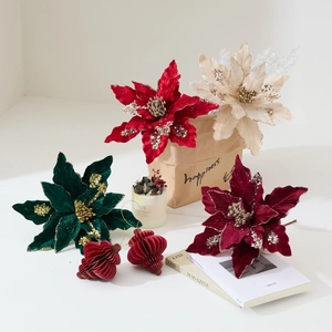 Artificial Christmas Poinsettia Flowers Velvet Fabric Glitters Xmas Tree Decorations Holiday Home Party Ornaments Luxury