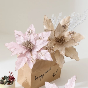 Pink and champagne velvet poinsettia flowers with glitter edges for Christmas tree decor