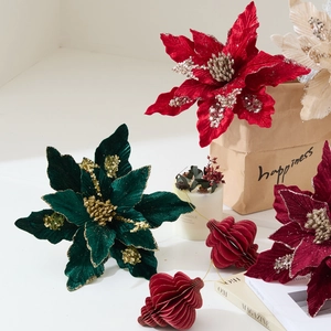 Velvet artificial Poinsettia flowers for Christmas tree decoration in various colors