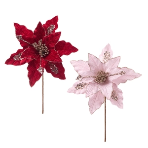 Velvet artificial poinsettia flower ornaments for Christmas tree decor in red and pink