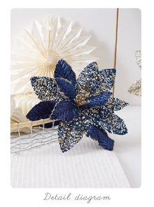 Detail view of blue velvet poinsettia with gold glitter mesh leaves for holiday decor