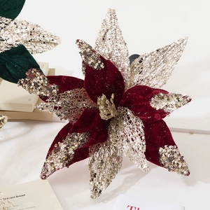 Artificial Poinsettia Flowers Christmas Tree Ornaments Velvet Sequin Mesh Large Festive DIY Stem Decorations Home Decor