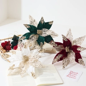 Three-piece artificial Christmas poinsettias in velvet and gold sequins for holiday decor