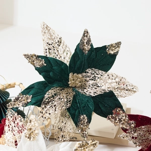 28cm Dark green velvet Christmas flower decoration with gold sequins and metal mesh