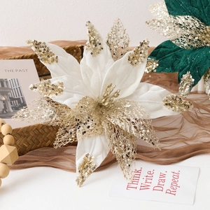 28cm artificial Christmas poinsettia flower with white velvet petals and gold sequins