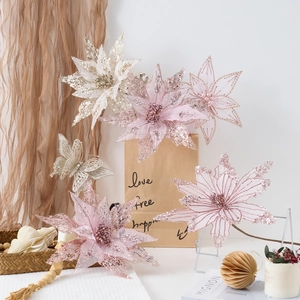 Elegant Pink Simulation Christmas Poinsettia Flower Glitter Mesh Petals With Stem For Christmas Tree Decoration Wedding Party Ornament