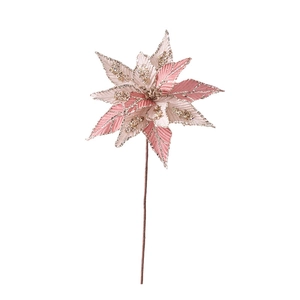 Pink and cream poinsettia Christmas flower decoration with silver glitter and gold beads