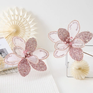 Pink glitter mesh artificial flowers for Christmas tree decoration and festive scene props
