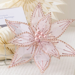 Pink Christmas flower ornament with mesh petals and rose gold rhinestones for tree decor