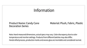 Detail of product specification card for plush candy cane Christmas tree decorations