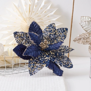 Deep blue artificial Christmas flower with gold glitter accents for festive home decor