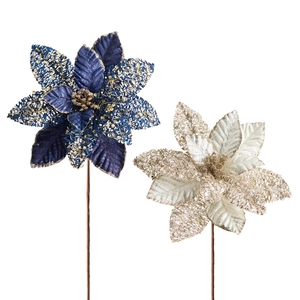 Navy blue and champagne gold artificial Christmas flowers with glitter and mesh detail