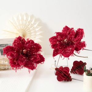 Elegant burgundy velvet artificial magnolia flower with gold glitter for Christmas decor