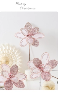 Detailed pink tulle Christmas flower pick with glitter edges and pearl center decor