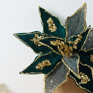 Luxury 32cm artificial velvet Christmas Poinsettia flower with gold sequins and silver glitter