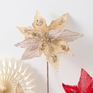 32cm champagne gold artificial poinsettia with glitter petals and long stem for Christmas