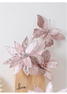 Detailed view of pink Christmas flowers and butterflies with rose gold glitter and beads