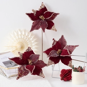 Artificial Christmas Poinsettia Flower Wine Red Velvet Gold Sequins Edge Floral Stem Decoration For Home Party Vase Filler
