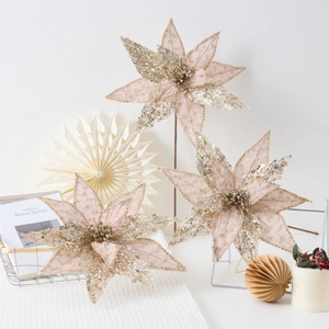 Fiore Di Natale Artificiale Poinsettia Champagne Rosa Glitter Paillettes Tessuto Floreale Per Decorazione Festa Casa Vacanze