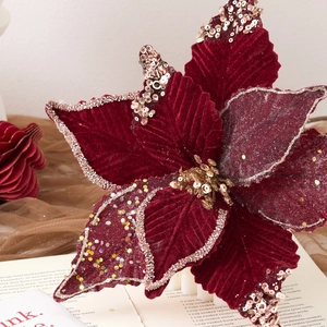 Deep red velvet artificial Christmas flower with gold sequins for holiday decor
