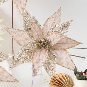 Fiore di stella di Natale artificiale champagne con paillettes dorate per decoro