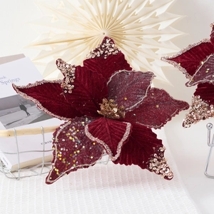 Velvet artificial burgundy poinsettia with glitter petals for Christmas decor